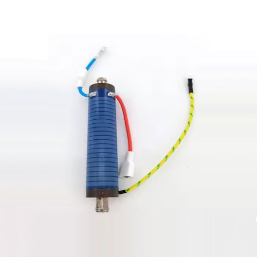 Water dispenser filter cartridge with blue body and attached hoses for water purification.